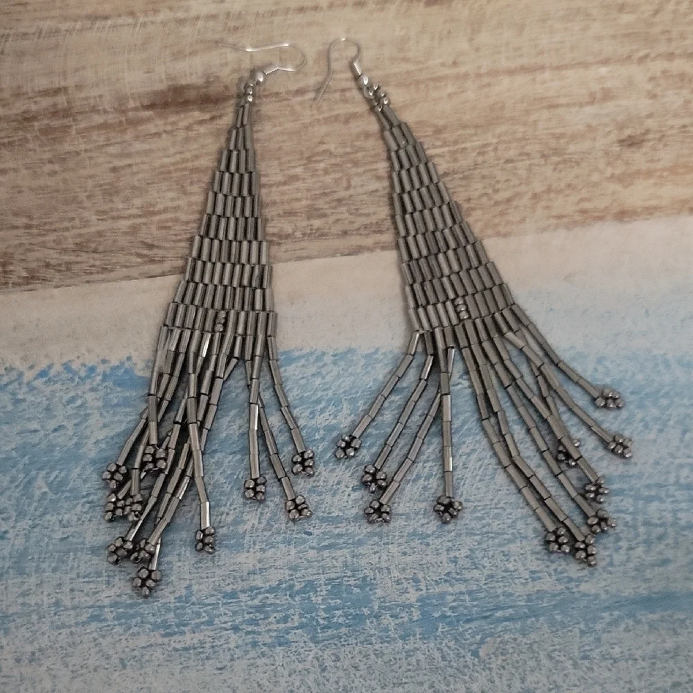 Elegant Silver tone metallic seed Beaded Dangle Earrings